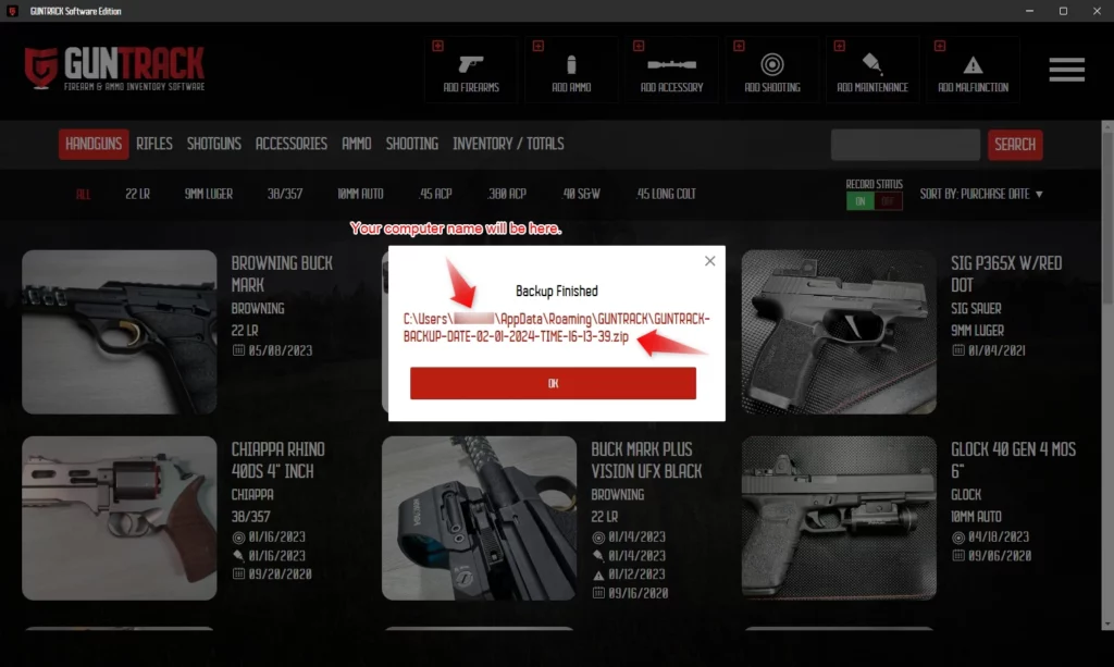 GUNTRACK Firearm Inventory Backup Feature